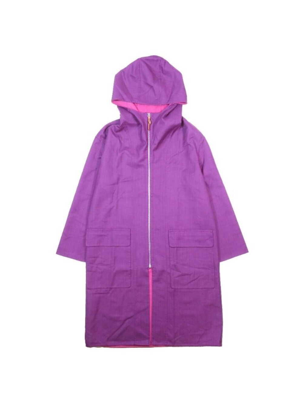 Hermes Cashmere Silk Double Face Hooded Zip Up Coat Long Jacket Purple 36